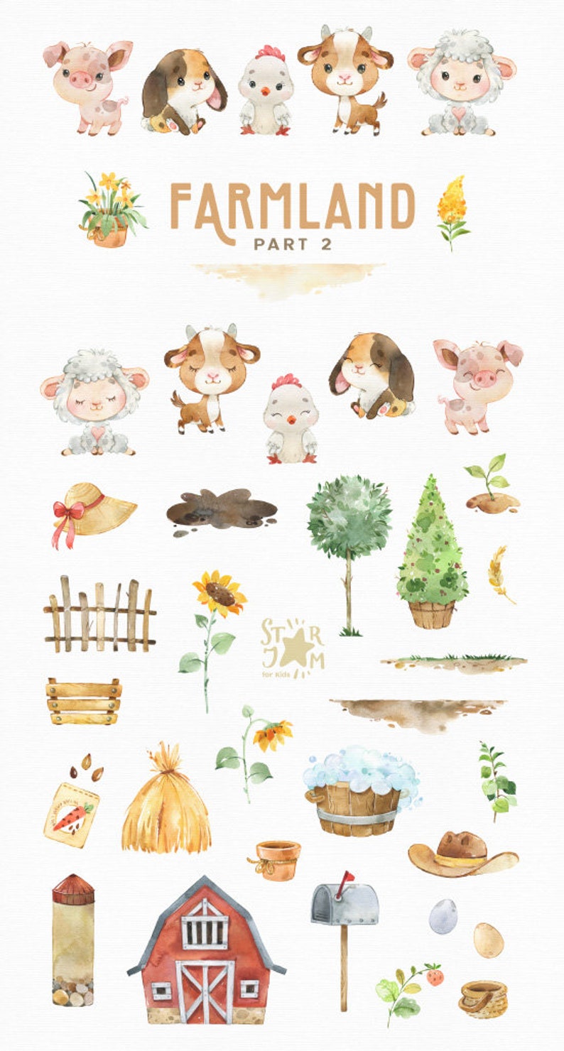 Farmland 2. Watercolor country clipart, pig, rabbit, chicken, goal, sheep, flowers, little animals, household, baby shower, thanksgiving image 2