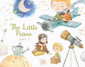 The Little Prince pt.3. Watercolor hand-painted clipart, party, birthday, gallery, printable, nursery, little boy gift, airplane, moon