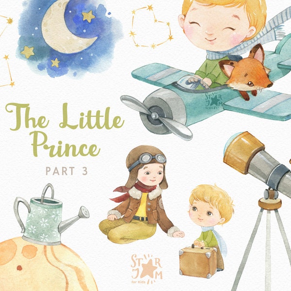 The Little Prince pt.3. Watercolor hand-painted clipart, party, birthday, gallery, printable, nursery, little boy gift, airplane, moon