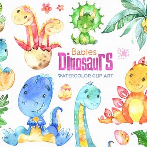 Bambini di dinosauri. Clipart ad acquerello, personaggi, carino, palma, floreale, creature, agende, tRex, multicolore, baby shower, adesivi, bambini