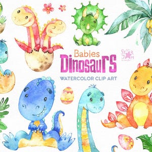 Dinosaurs Babies. Watercolor clip art, characters, cute, palm, floral, creatures, planners, tRex, multicolor, baby shower, stickers, kids