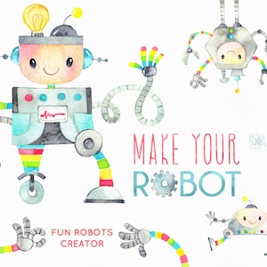 Robots Schepper. Maak je eigen robot. Aquarel vintage fun clipart, retro, kinderen, jongens, monteur, techniek, karakter, metaal, kinderkamer, diy
