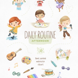 Daily Routine. Afternoon. Watercolor hand-painted clipart, outdoor walks, preschool png, kids daily activities, education printable image 2