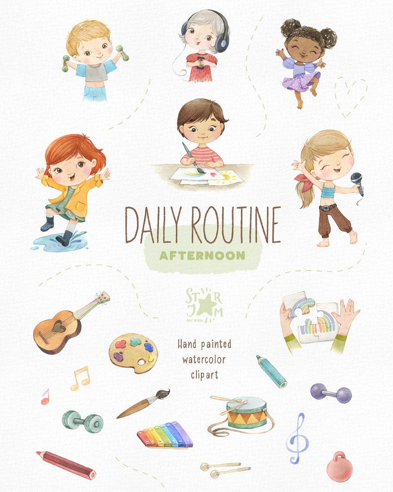 Daily Routine. Afternoon. Watercolor hand-painted clipart, outdoor walks, preschool png, kids daily activities, education printable image 2