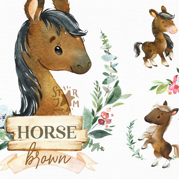 Horse. Brown, bay, chestnut. Watercolor clipart, stallion, foal, colt, flowers, country farm, saddle, wreath, West, horseshoe, baby-shower