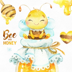 Ape & Miele. Clipart ad acquerello, ghirlanda, vaso di miele, nido d'ape, alveare, vivaio, natura, baby-shower, bombo, saluto, bambino, bambini