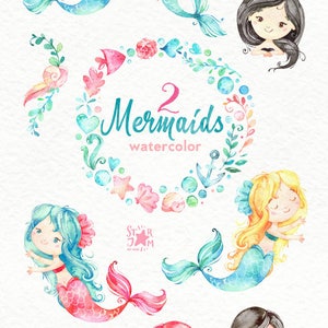 Mermaids 2. Watercolor clipart, sea, girls, magic, fairytale, wreath, nautical, underwater, ocean, pink, shell, babyshower, starjamforkids image 2