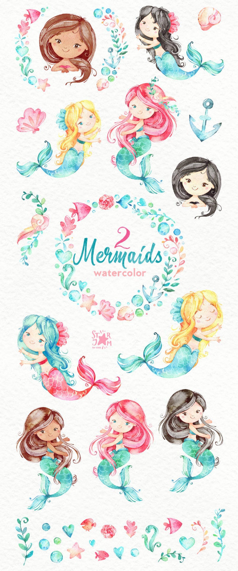 Mermaids 2. Watercolor clipart, sea, girls, magic, fairytale, wreath, nautical, underwater, ocean, pink, shell, babyshower, starjamforkids image 2