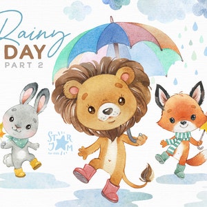 Jour de pluie 2. Aquarelle bébé animaux clipart, lion, lapin, renard, orignal, feuilles, lièvre, nuages, pluie, automne, automne, automne, salutation, safari, parapluie