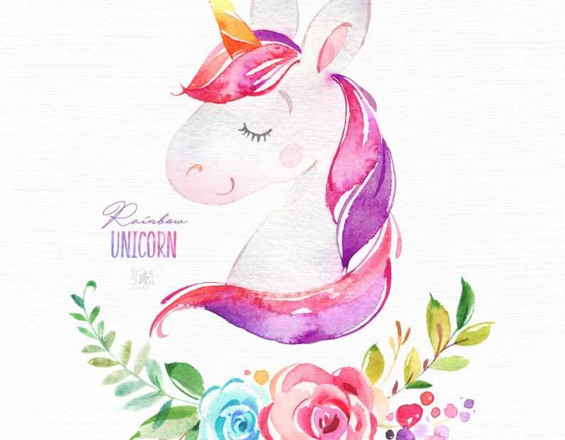 rainbow unicorn watercolor magic clipart pink rainbow etsy