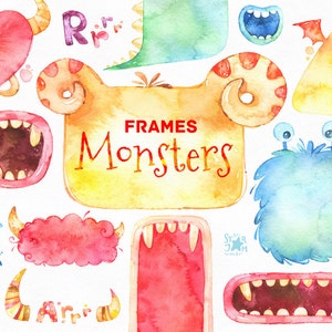 Funny Monsters Frames. Watercolor clip art, speech bubbles, backgrounds, creatures, planners, magic, quotes, heart, baby shower, kids