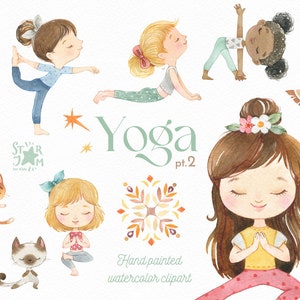 Yoga 2. Watercolor hand-painted clipart, healthy life, cats, girls activities, meditation, sports activities, kids yoga, girls yoga poses image 1