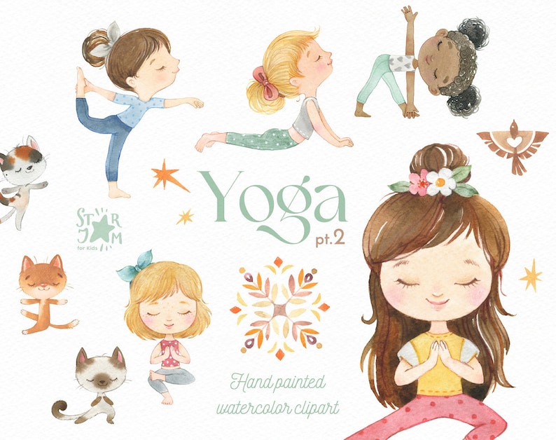 Yoga 2. Watercolor hand-painted clipart, healthy life, cats, girls activities, meditation, sports activities, kids yoga, girls yoga poses image 1