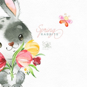 Spring Rabbits. Watercolor clipart, bunny, child, girl, boy, Easter, floral, tulips, nice, flowers, kids, baby, baby-shower, wreath, eggs image 3