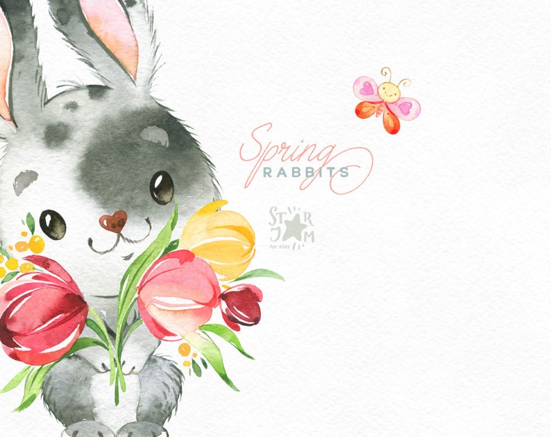 Spring Rabbits. Watercolor clipart, bunny, child, girl, boy, Easter, floral, tulips, nice, flowers, kids, baby, baby-shower, wreath, eggs image 3