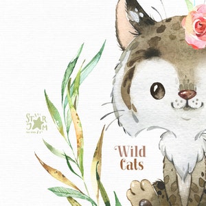Wild Cats. Watercolor little animal clipart, Tiger, Lynx, Caracal, Jaguar, cub, baby, flowers, wreath, birthday, baby-born, baby-shower image 3