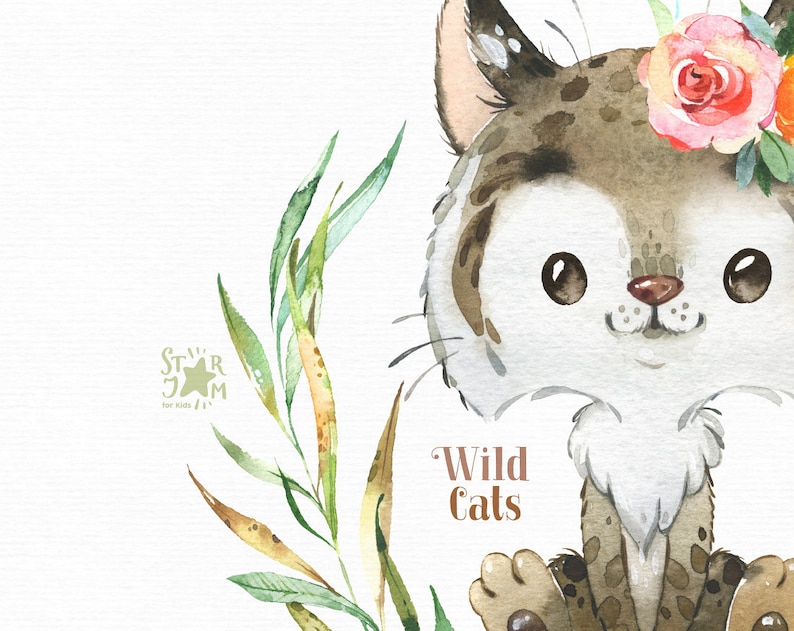 Wild Cats. Watercolor little animal clipart, Tiger, Lynx, Caracal, Jaguar, cub, baby, flowers, wreath, birthday, baby-born, baby-shower image 3
