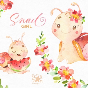 カタツムリの女の子。水彩の小さな動物のクリップアート、赤ちゃん、花、貝殻、かわいい、面白い、ピンク、花輪、誕生日、挨拶、赤ちゃん誕生、ベビーシャワー