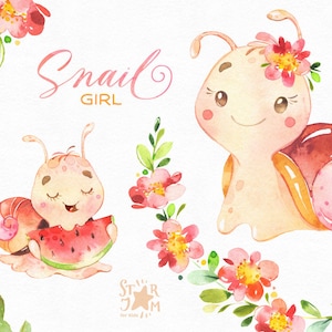 Snail Girl. Watercolor little animal clipart, baby, flowers, shell, cute, funny, pink, wreath, birthday, greeting, baby-born, baby-shower