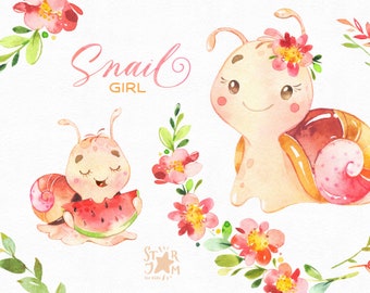 Snail Girl. Watercolor little animal clipart, baby, flowers, shell, cute, funny, pink, wreath, birthday, greeting, baby-born, baby-shower