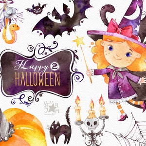 Joyeux Halloween 2. Aquarelle clipart, chauve-souris, petite sorcière, magie, bannières bruantes, cadres, boo, crâne, salutation, inviter, floral, imprimé, enfants