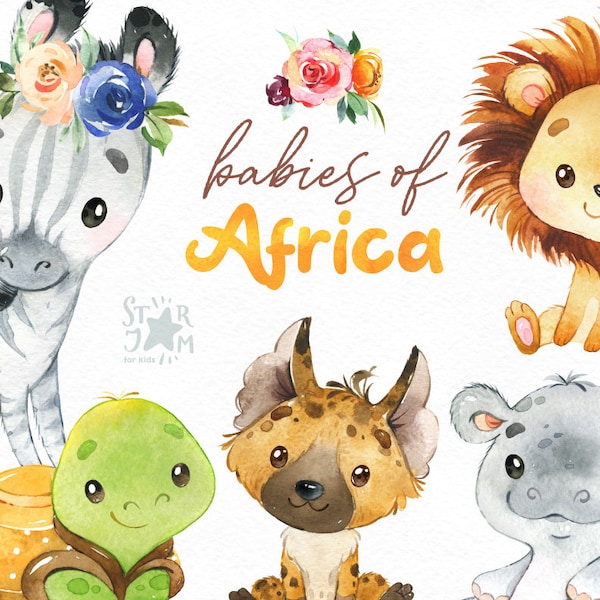 Babies Of Africa. Watercolor animals clipart, lion, zebra, turtle, hippo, hyena, flowers, greeting, invite, jungle, floral, leaves, baby