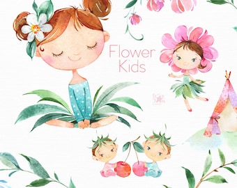 Flower Kids. Watercolor magic clipart, little girls, babies, forest, fairy, elf, teepee, fairytale, flowers, nursery, baby-shower, infant