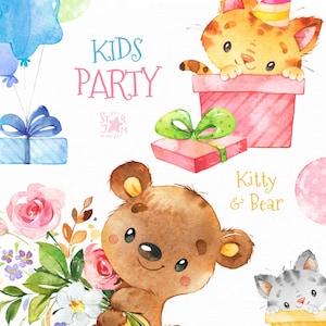 キッズパーティー 3 子猫とクマ 水彩画の小さな動物の誕生日クリップアート、猫、子、赤ちゃん、気球、誕生日、遊びデート、カード、ベビーシャワー