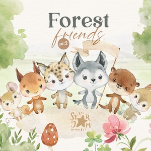 Forest Friends pt.2 Clipart aquarelle de petits animaux, loup, lapin, souris, lynx roux, bois, baby-shower, bois, poupée en papier, pépinière, png