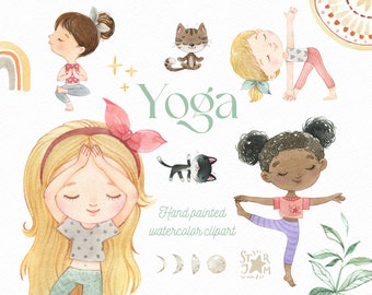 Yoga. Watercolor hand-painted clipart, cats, healthy life, girls activities, meditation, sports activities, kids yoga png, kids yoga poses