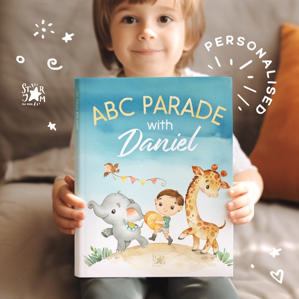 Personalised ABC Animal Boy's Book. Birthday gift for baby boy, First book, Birthday boy's gift, First Alphabet, Baptism, Named book gift