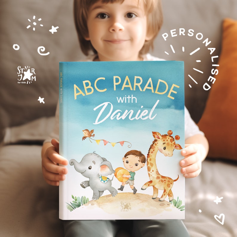 Personalised ABC Animal Boy's Book. Birthday gift for baby boy, First book, Birthday boy's gift, First Alphabet, Baptism, Named book gift image 1