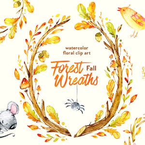 Couronnes forestières d’automne. Aquarelle clipart, fleurs, chêne, souris, araignée, champignons, automne, salutation, bricolage, décor, oiseau, babyshower, boisé