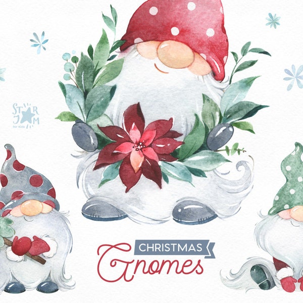 Christmas Gnomes Watercolor clipart, Nordic, Scandinavian, magical, winter, tree, snow, fairytale, holiday, xmas, baby, cards, dwarf, wreath