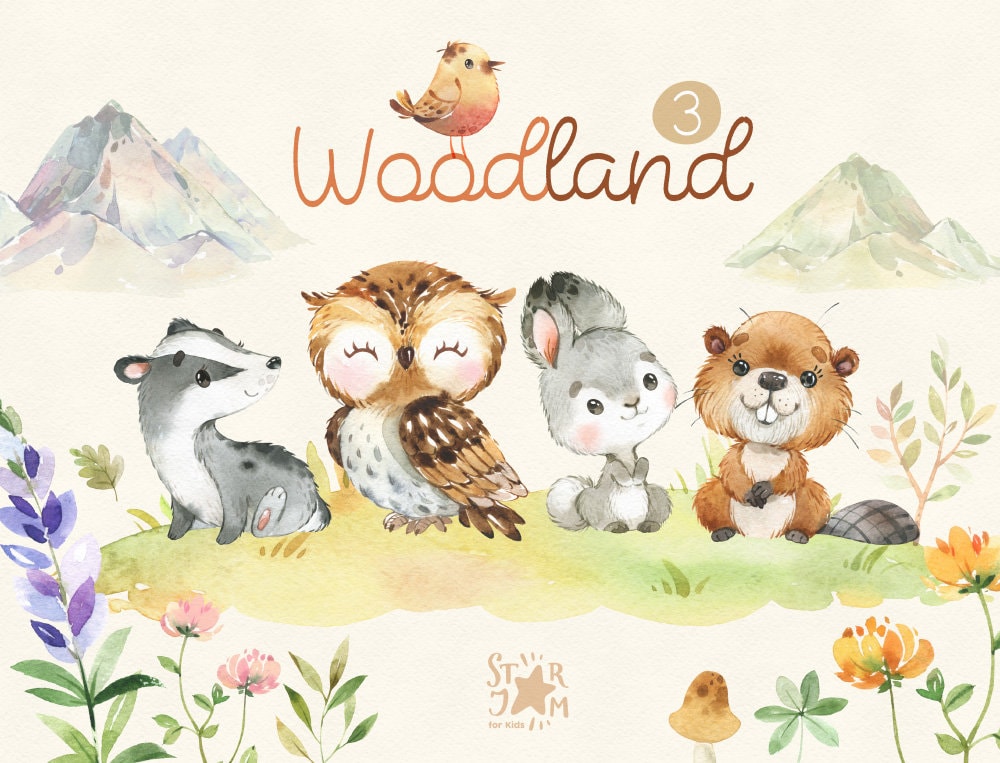 Woodland 3. Little animals watercolor clip art, owl, rabbit, beaver, badger, hare, florals, baby-sho
