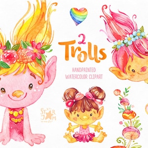 Trolls 2. Imágenes prediseñadas de acuarela, personajes lindos, Poppy, muñecas, feliz, criaturas, pegatinas, magia, flores, floral, cabello, niño, cola de hadas, divertido