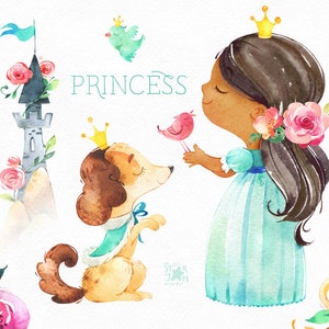 May include: Watercolor illustration featuring a princess, a dog, and a castle. The princess wears a blue dress and a gold crown, with flowers in her hair. The dog also wears a crown and a blue collar. The word "PRINCESS" is written in teal.