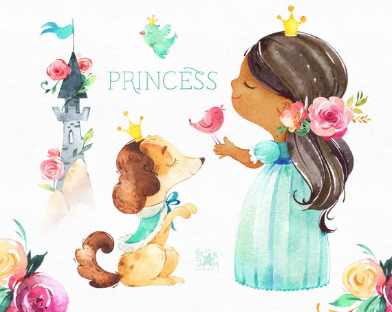 Princess. Watercolor fairytale clipart, royal, girl, brown skin, bath, tower, horse, dog, cat, bird, flowers, kids, nursery, baby-shower