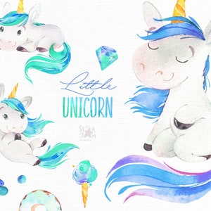 Kleines Einhorn. Blau. Aquarell Zauber Clipart, Junge, mint, Donut, KinderzimmerKunst, Baby-Geburt, Baby-Dusche, Märchen, Party, niedlich, diy