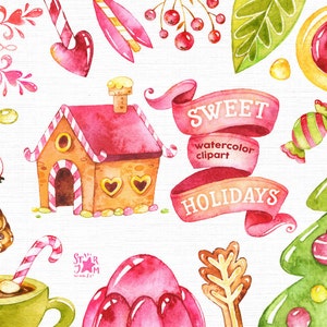 Sweet Holidays. Watercolor clipart, christmas, candy, winter, lollipop, greetings card, diy, arrows, decor, cone, fur-tree, cup, merry