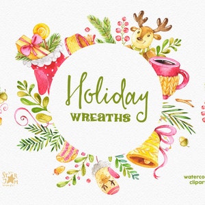 Grinaldas de férias. Clipart aquarela, Natal, inverno, moldura, veado, sino, luvas, cartão de felicitações, faça você mesmo, cachecol, decoração, cone, copo, alegre