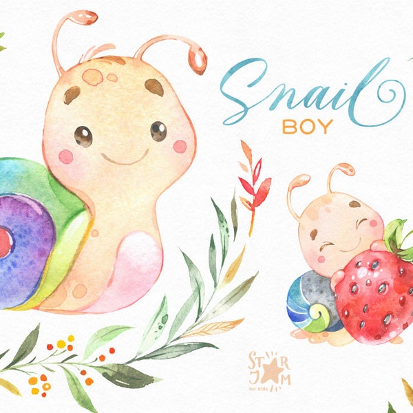 Garçon d’escargot. Aquarelle petit clipart animal, bébé-garçon, fraise, mignon, drôle, bleu, couronne, anniversaire, salutation, bébé-né, baby-shower