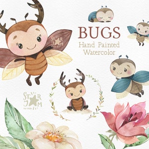 Käfer. Kleine Tiere Aquarell Clipart, Hornkäfer, Blätter, Insekten, Blumen, druckbare Kinderzimmer, Baby-Shower, Sublimation, Geburtstagsparty