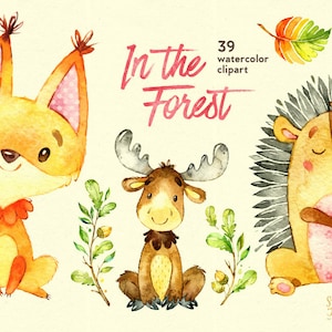 Na floresta. Clipart de animais em aquarela, esquilo, alce, ouriço, saudação, coroa de flores, cogumelos, convite, chás de bebê, flores, florais