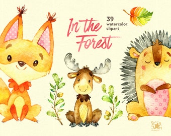 In the Forest. Watercolor animals clip art, squirrel, moose, hedgehog, greeting, wreath, mushrooms, invite, baby showers, flowers, floral