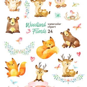 Woodland Friends 3. Watercolor Animals Clipart, Fox, Forest, Deer, Bear ...