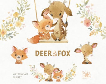 Deer & Fox. Animals watercolor clipart, flowers, wreath, woodland baby-shower, printable, first birthday party, swing, spring png, friends