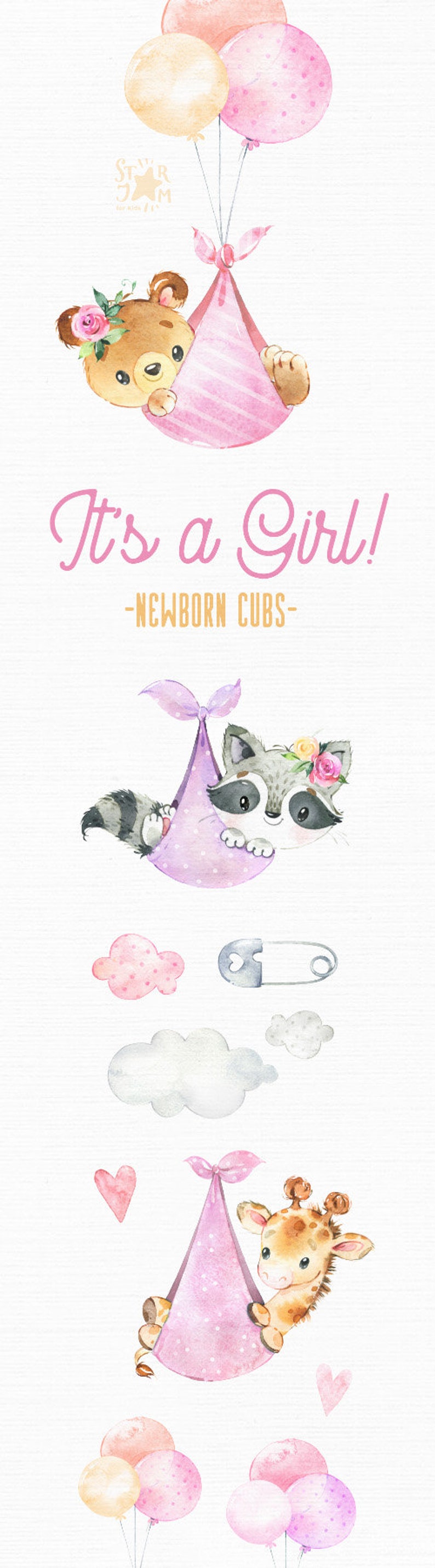 It's a Girl Newborn Cubs Watercolor little animal clipart Elephant Bear Giraffe Raccoon Bunny Fox baby stork, balloon, birthday baby-shower image 2