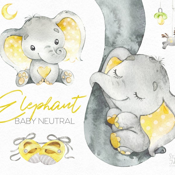 Elephant Baby neutral. Watercolor little animal clipart, africa, child yellow booties bib family sleep greeting kid, baby-born, baby-shower
