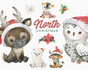 Peut inclure: Illustration à l'aquarelle d'animaux de Noël, dont un renne, un pingouin, un hibou, un ours polaire et un taureau, tous coiffés d'un bonnet de Père Noël. Le texte "North Christmas" est en script rouge, avec des éléments floraux.